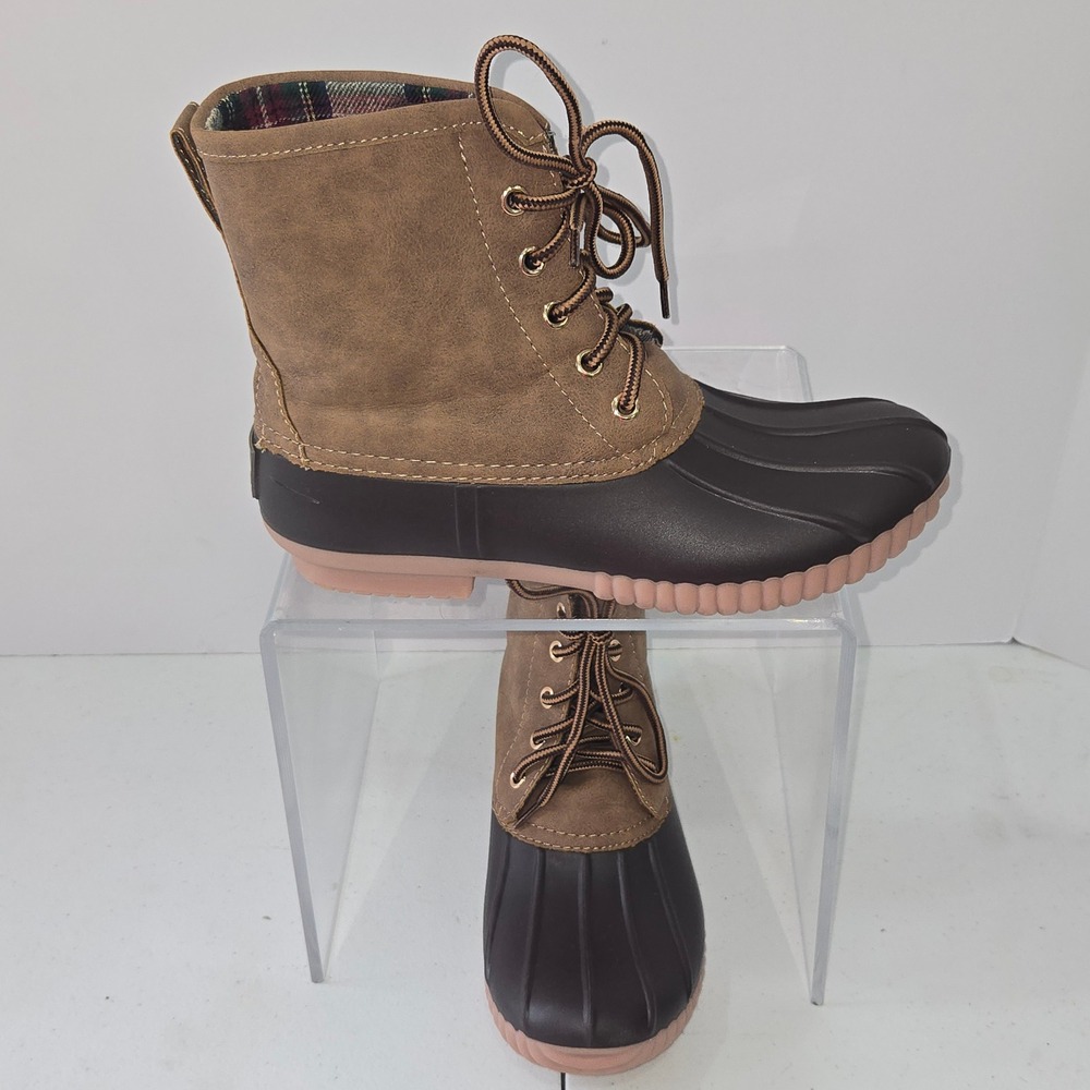 Marley Lilly Brown Plaid Lined Duck Waterproof Rain Snow Boots SZ 4K / 6.5-7 USA